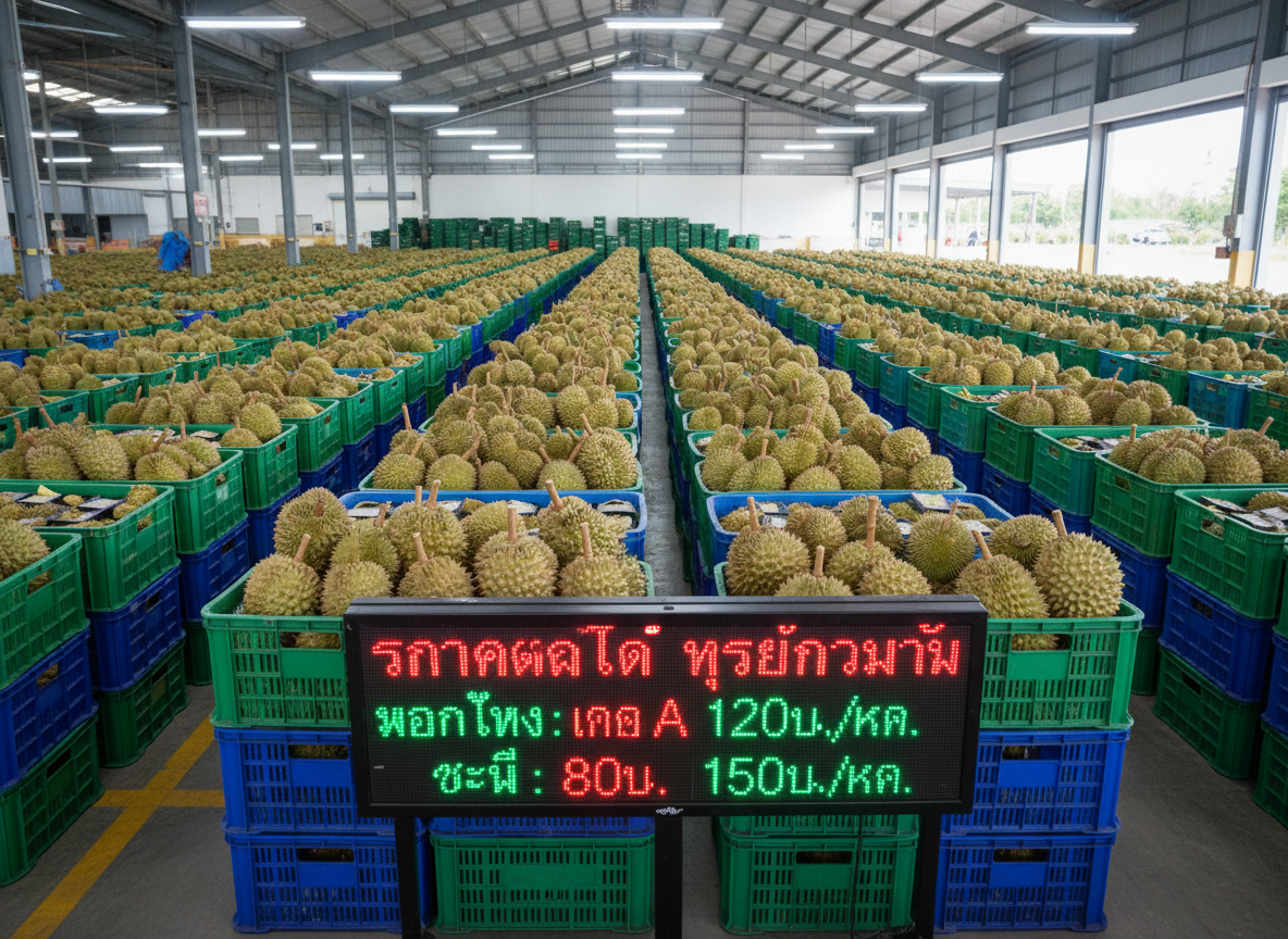 An organized durian buying station at a provincial collection warehouse, with long rows of stacked green and blue plastic crates filled with uniform-sized durians stretching into the distance. At the front, a large digital LED price display board in Thai numerals glows in bright red and green, clearly showing today’s buying price per kilogram for different grades. Cool, evenly distributed fluorescent lighting from the high ceiling mixes with soft daylight from one open side, creating a clean, efficient atmosphere with sharp, well-defined shadows beneath the crates. The photographic image is captured from a slightly elevated wide-angle perspective, emphasizing depth and scale, with crisp focus throughout, conveying a professional, nationwide market update theme.