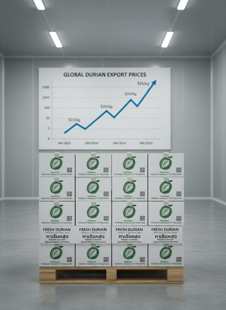 A meticulously arranged export-ready pallet of durian cartons in a refrigerated warehouse, each sturdy white box printed with a simple green durian icon and clear English and Thai labeling. A large printed chart is mounted on the cool gray wall behind, showing an upward trend line representing rising export prices, with key numbers marked in bold. White LED ceiling lights create bright, even illumination, with crisp highlights on the carton edges and soft shadows behind the pallet. The air appears slightly cool and dry, emphasizing food safety and export standards. Captured at eye level with moderate depth of field, the front pallet sharply focused and the background gradually softening, the photographic image conveys a serious, professional mood about export trends and international market prices.