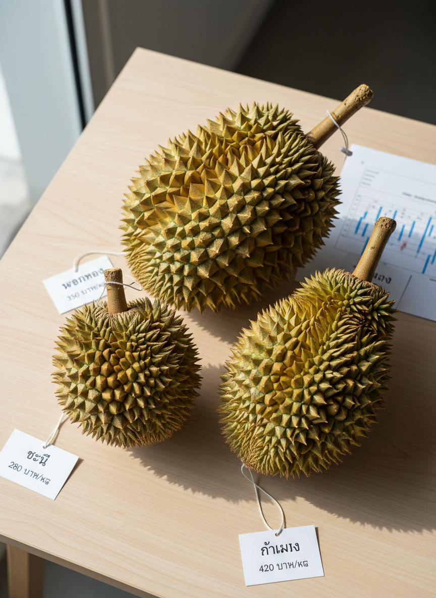 A close-up top-down view of three different durian varieties—Monthong, Chanee, and Kanyao—arranged in a neat triangle on a clean, light wooden table. Each fruit is labeled with a small, minimalist price tag in Thai, showing today’s buying price per kilogram in clear black text on white card. Soft diffused daylight from an unseen window illuminates the textured green spikes and subtle color differences of each variety, creating gentle shadows around the stems. In the background, slightly blurred, lies a printed market report sheet with simple charts and numbers. The composition follows a balanced, rule-of-thirds layout, emphasizing clarity, professionalism, and photographic realism, ideal for explaining the difference in today’s prices by variety.