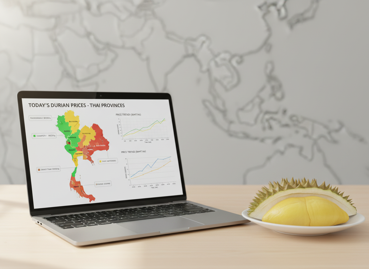 A clean, modern laptop open on a simple wooden desk, its screen displaying a sleek dashboard of today’s durian prices across different Thai provinces in the form of a colorful map and line graph. Next to the laptop, a small, perfectly cut durian wedge rests on a white porcelain plate, revealing its rich yellow flesh and smooth, glossy texture against the spiky green shell. Soft, indirect daylight from the left creates gentle reflections on the laptop’s metallic surface and subtle highlights on the durian pulp. The background is intentionally minimal and slightly blurred, with only a faint hint of a wall map of Thailand. Shot in photographic realism from a three-quarter angle, the mood is analytical, professional, and forward-looking, ideal for a durian market insight page.