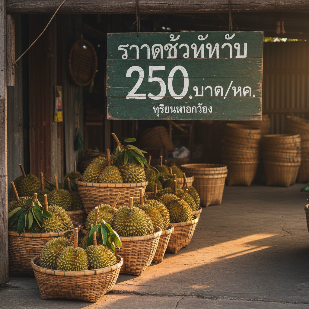 A rustic wooden market signboard hanging at the entrance of a small durian trading yard, painted in weathered dark green with hand-written Thai text showing today’s buying price in large, white numerals. Below the sign, several round bamboo baskets overflow with fresh durians of mixed sizes and colors, some with cut stems and others with leaves still attached. Late afternoon golden hour sunlight streams in from the side, casting long, warm shadows across the concrete floor and creating a soft glow on the spiky shells. The background shows a slightly blurred corrugated metal wall and stacks of empty baskets. Photographed in high-resolution realism from a slightly low angle, the scene feels authentic, local, and story-driven, perfect for illustrating real provincial price updates.